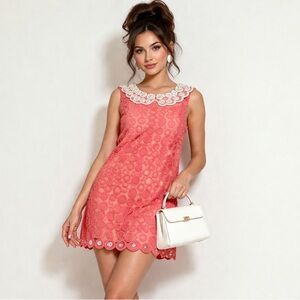 Y2K Coral Lace Mini Dress Beaded Peter Pan Collar Size S